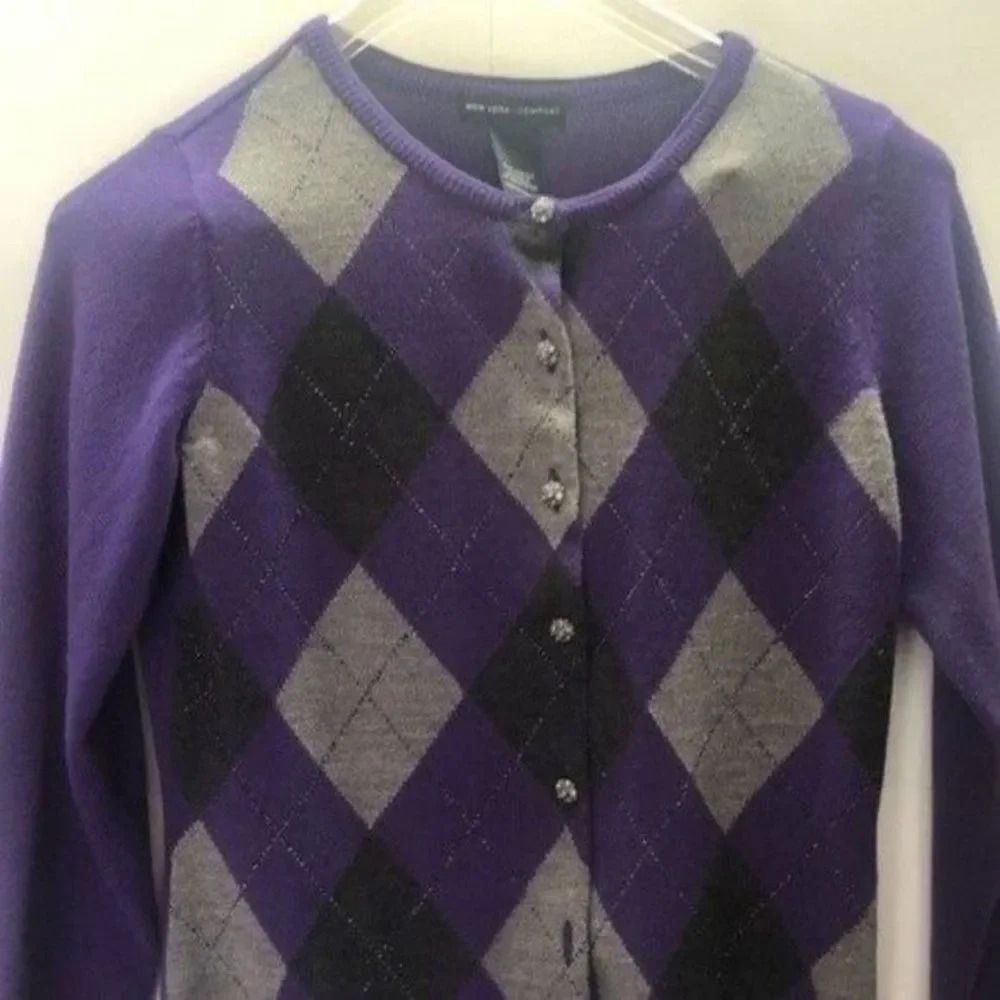 New York & Company‎ Purple Argyle Button-Down Cardigan Sweater - Picture 2 of 11